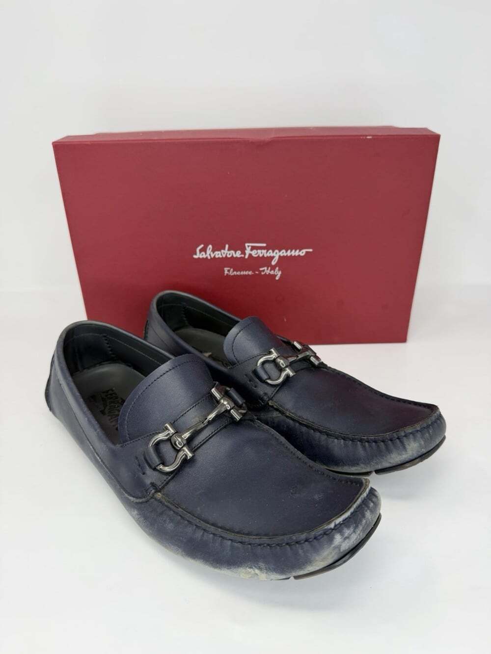 Salvatore Ferragamo Gancini Driving Loafers Men's 9 D Navy Blue Leather Italy